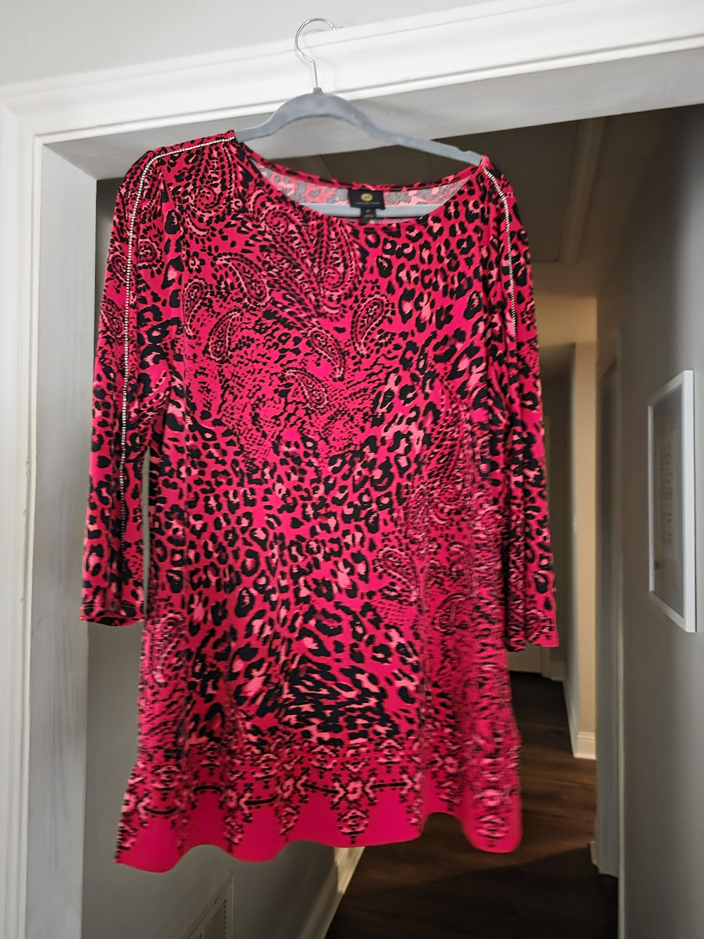 JM Collection Red/Pink & Black Animal-Paisley Top